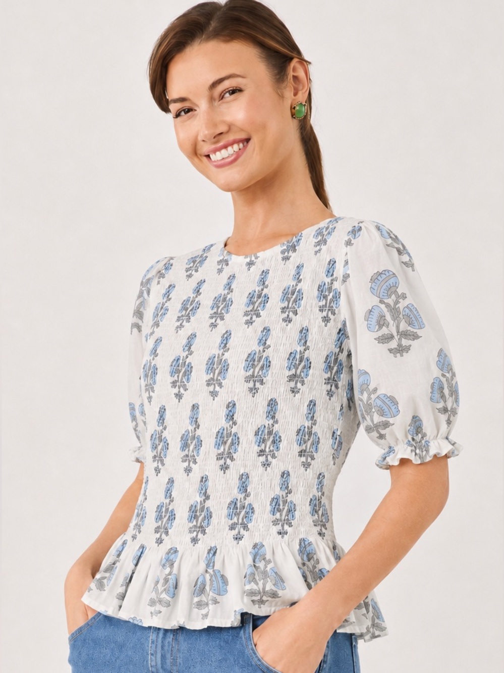 Madison Mathews Blue Floral Smocked Puff Sleeve Peplum Top Large